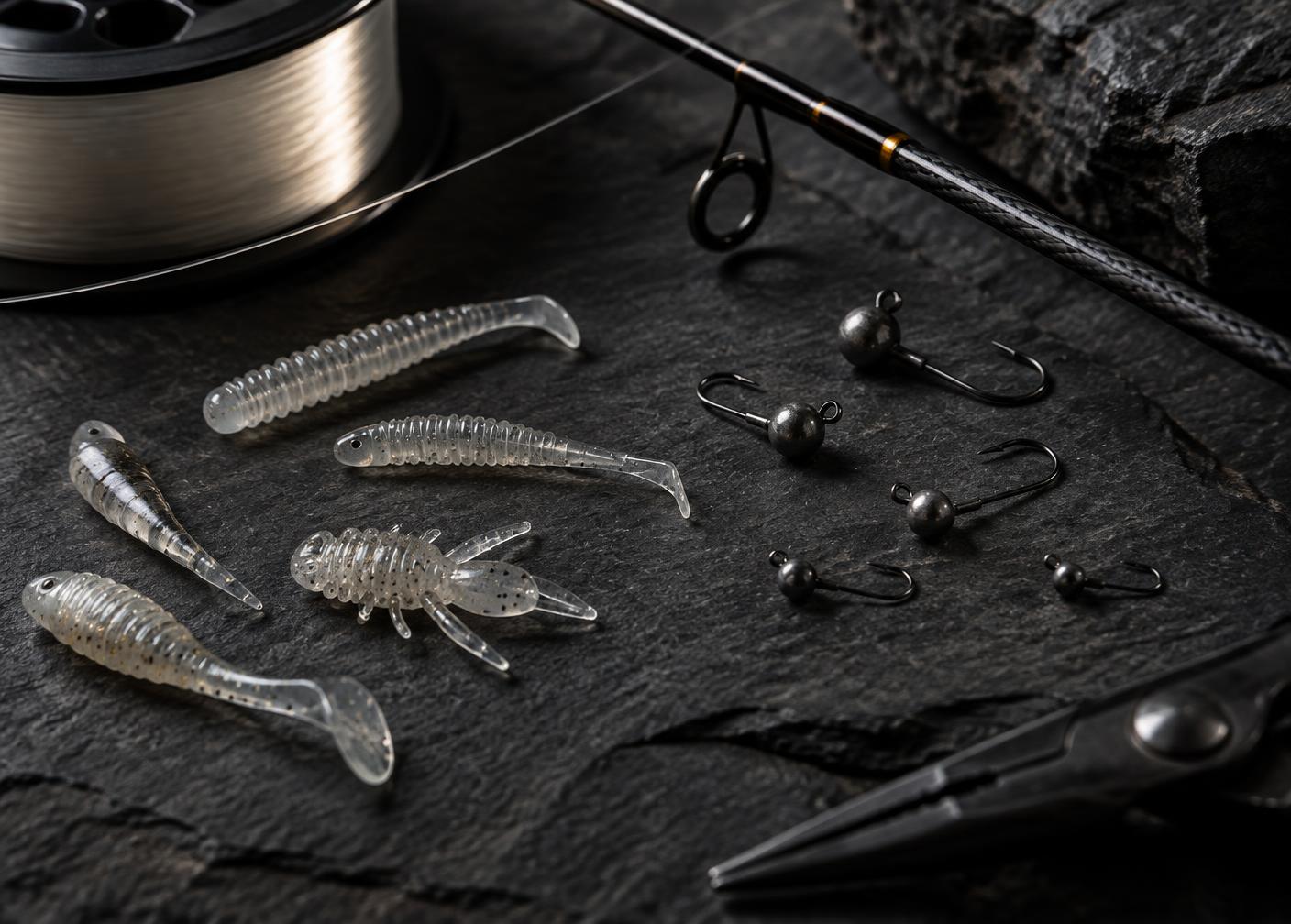 Japanese light-game rods and reels arranged on a dark surface